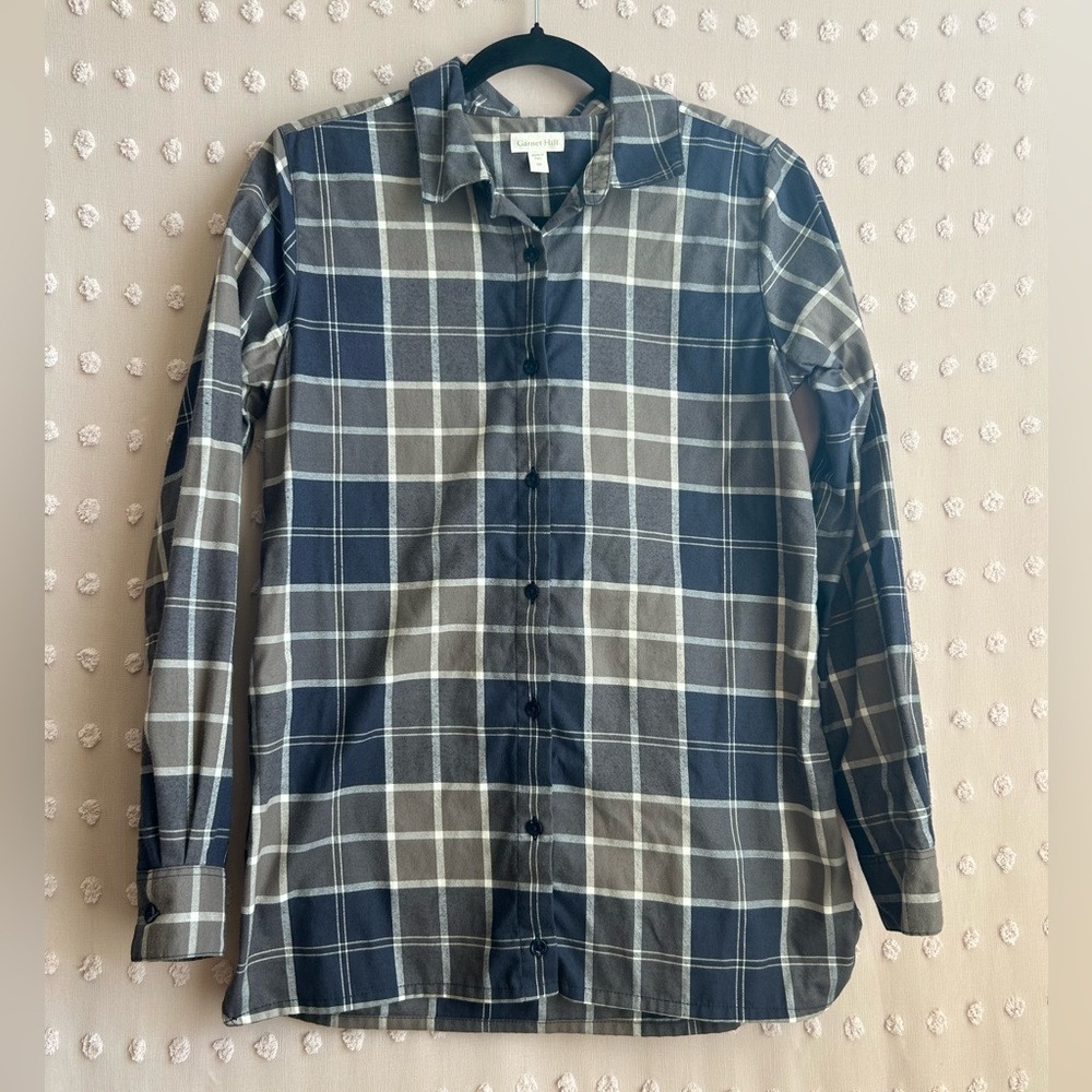 Garnet Hill Pima Cotton Plaid Long Sleeve Button Sz 02 Navy Grey‎